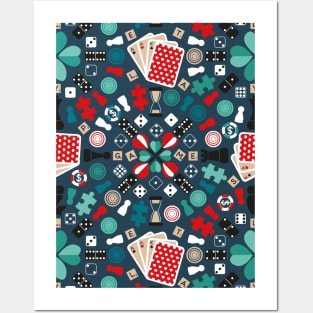 Wanna play? // pattern // blue background teal red mint brown black and white game pieces Posters and Art